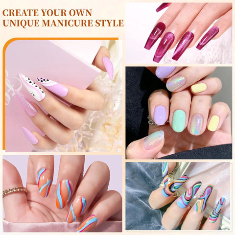 All In One Gel Nail Kit With UV Lamp And Drill Starter Kit 36 Colors Gel Polish Set applied in artistic nail designs