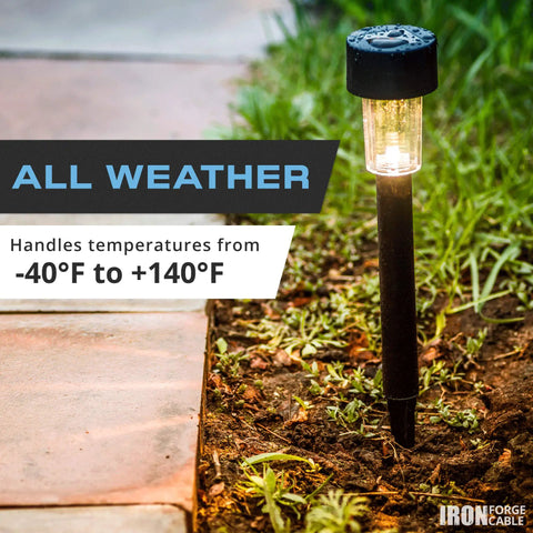 Landscape lighting with Go-To Low Voltage Wire 16/2 for outdoor projects, weatherproof to -40°F/+140°F, black 16 gauge visible