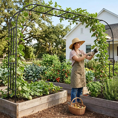 Gardener in hat tending plants under extra large garden arch trellis heavy duty galvanized metal driveway archway in yard