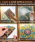Four steps showing how to use Stained Glass Mandala Art Kit For DIY Window Clings With Markers Ten Suncatchers A Fun And Chill Hobby.