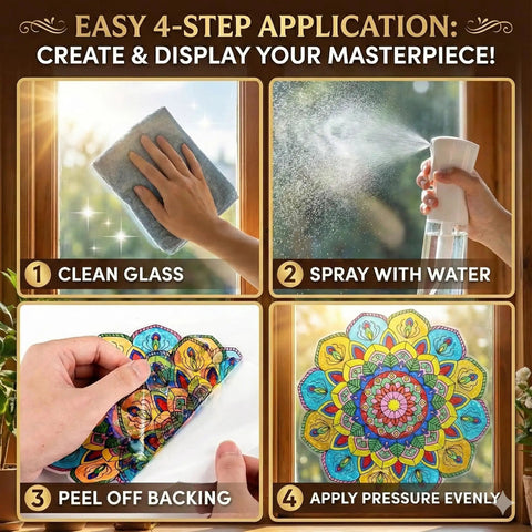 Four steps showing how to use Stained Glass Mandala Art Kit For DIY Window Clings With Markers Ten Suncatchers A Fun And Chill Hobby.