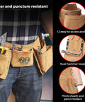 Man wearing Heavy Duty Tool Belt For Men With 12 Pockets Pouch Utility Bag Suede Leather Work Apron For Electricians Carpenters.