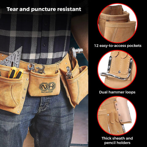 Man wearing Heavy Duty Tool Belt For Men With 12 Pockets Pouch Utility Bag Suede Leather Work Apron For Electricians Carpenters.