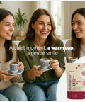 Three women enjoying Ruby Chocolate Instant Turkish Coffee Blend with Fruity Creaminess, 165g pack, smiling and chatting.