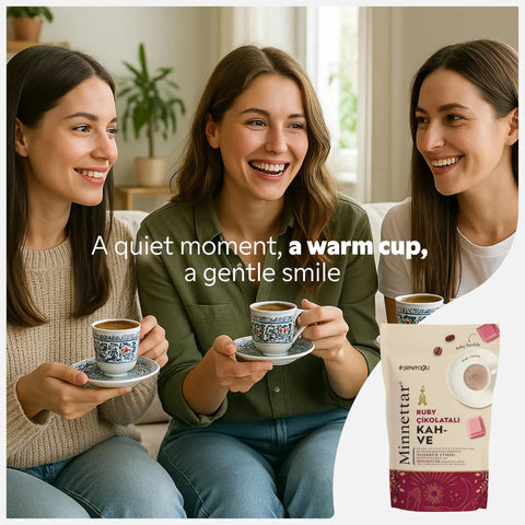 Three women enjoying Ruby Chocolate Instant Turkish Coffee Blend with Fruity Creaminess, 165g pack, smiling and chatting.