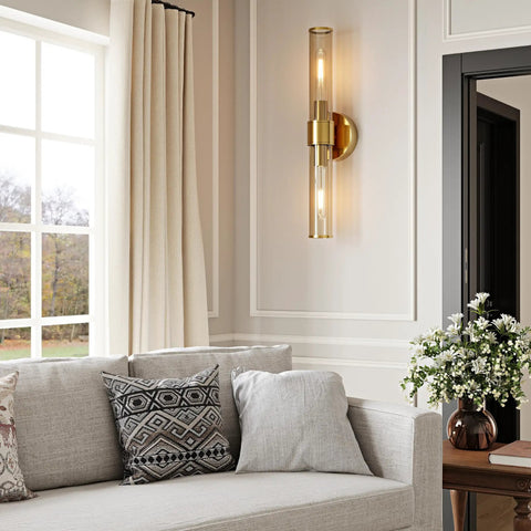Champagne Gold Battery Operated Wall Sconces Set of 2, Rechargeable Sconce mounted beside a cozy sofa with decorative pillows.
