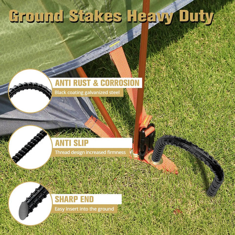 Heavy Duty Trampoline Stakes 12 Inch U Shaped Ground Anchors For Windy Weather Grab The Ground And Stay Put With Galvanized Steel Rebar Stakes 4 Pack For Trampolines Tents Fences Garden Decor shown with anti-corrosion feature.