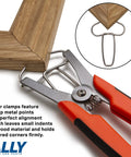 12 Piece Pro Grade Miter Clamps Set With Carabiner Clip holding a wood frame miter joint securely.