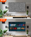 Before and after setup of mounted TV using 2.25-Inch Mini Cord Hiders For Wall Cable Management Conceal Up To 3 Low-Voltage Cables Behind The Wall, Keeps Your Setup Clean And Slick, Perfect For Mounted TVs, Speakers, Desks And More, White 4-Pack. Room setting with plants and decor.