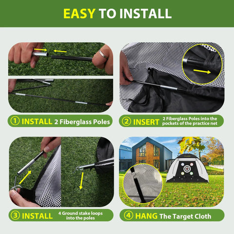 Diagram showing installation of Get Your Swing On With This Heavy Duty 10 By 7 Foot Golf Practice Net Kit with fiberglass poles.