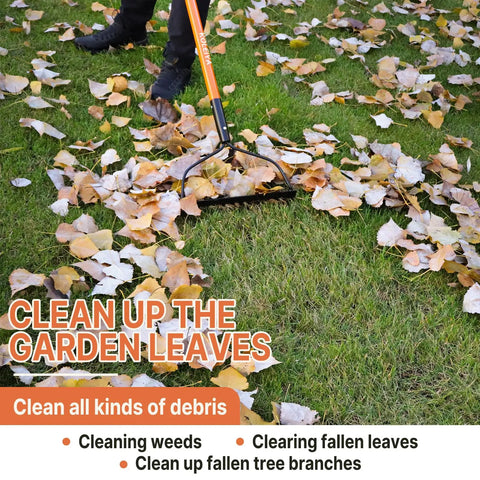 Heavy Duty Garden Bow Rake With 14 Tine And 57 Inch Fiberglass Handle for leaf cleanup on grass