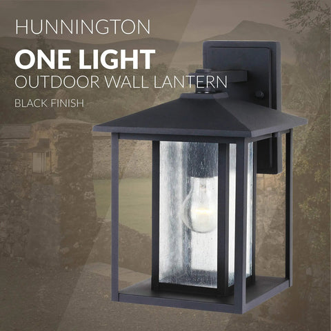 Hunnington One Outdoor Wall Lantern Light Fixture In Black, 1 Light, Modern Exterior Wall Mount, Aluminum Construction
