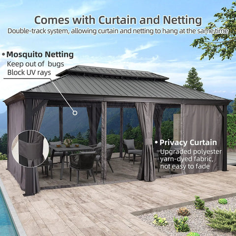 12 By 20 Ft Permanent Hardtop Aluminum Gazebo With Rock Solid Galvanized Steel Roof And Double Roof Design For Patio Lawn And Garden Includes Curtains And Netting Grey
