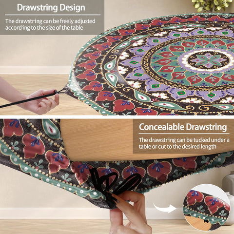 Fitted Round Tablecloth Waterproof Vinyl Circle Cover Fits 36 to 44 Inch Tables Indoor Outdoor Dining Home Patio Party Gear and Gifts, Perfect for Summer and Fall Picnics, Camping, Kitchen with adjustable drawstring and intricate design.