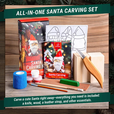 Santa Whittling Wood Carving Kit For Beginners With All In One Tools And Paints Easy DIY Christmas Craft Gift For Adults And Teens Perfect Hobby Woodworking Set For Creative Kids At Heart displayed with contents visible.