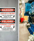 Durable 7 By 10 Inch Bilingual Lockout Tagout Sign Made From Polyethylene Plastic High Visibility Safety Sign For Easy Install And Clear Danger Warnings installed on wall in industrial setting