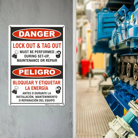 Durable 7 By 10 Inch Bilingual Lockout Tagout Sign Made From Polyethylene Plastic High Visibility Safety Sign For Easy Install And Clear Danger Warnings installed on wall in industrial setting