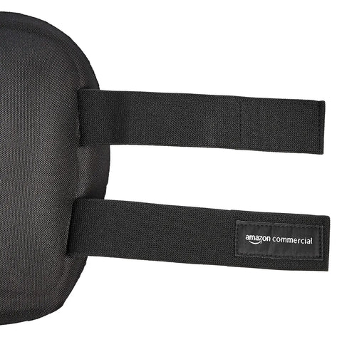 Close-up of black non marring polyester knee pad with adjustable straps, part of 3 pack for home and job site protection, Amazon branding.