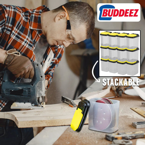 12 Pack Clear Storage Bins With Lids For Workshop Pantry And Garage Bulk Organizer next to man using a power tool