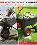 Comparison of a rusty wheelbarrow and a heavy duty garden dump cart with 900 lb capacity and 10 inch non-slip pneumatic tires