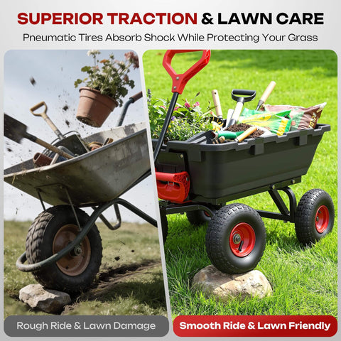Comparison of a rusty wheelbarrow and a heavy duty garden dump cart with 900 lb capacity and 10 inch non-slip pneumatic tires
