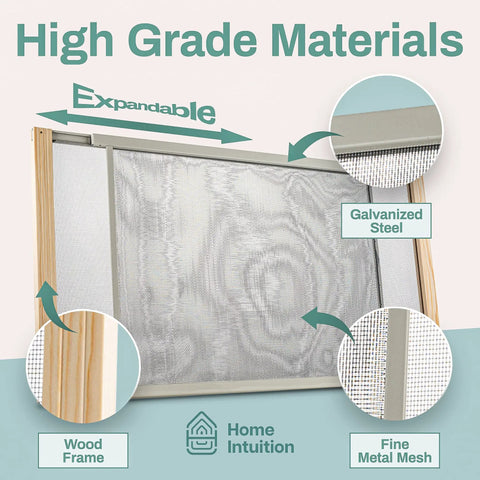Adjustable Horizontal Window Screen Set Two Pack Expands From 25 To 45 Inches Wide And Stands 10 Inches High With Galvanized Side Rails And Varnished Wood Ends Bright Breathable Mesh For Fresh Air And Bug Blocking, showing expandable screen with wood frame and fine metal mesh.