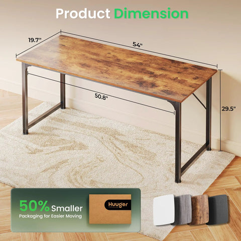 Roomy 55 Inch Home Office Desk for Gaming and Work From Home Setup, Rustic Brown Finish, Heavy Duty Metal Frame, dimensions shown
