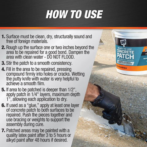 Instructions for using Gray Ready Mixed Concrete Patch for fixing cracks with image of patch application on concrete surface