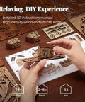 Hands assembling Moon City 3D DIY Puzzle With LED Light, Wooden Night City Model For Adults, detailed wooden pieces and instructions visible