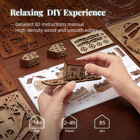 Hands assembling Moon City 3D DIY Puzzle With LED Light, Wooden Night City Model For Adults, detailed wooden pieces and instructions visible