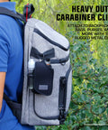 Vape Pen Travel Case Belt Bag With Belt Loop And Carabiner Clip attached to gray backpack.
