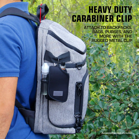 Vape Pen Travel Case Belt Bag With Belt Loop And Carabiner Clip attached to gray backpack.