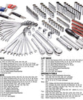 Heavy-Duty 200 Piece Mechanic Tool Set With 1/4, 3/8, And 1/2 Inch Drive Sockets, SAE And Metric, tools spread on surface