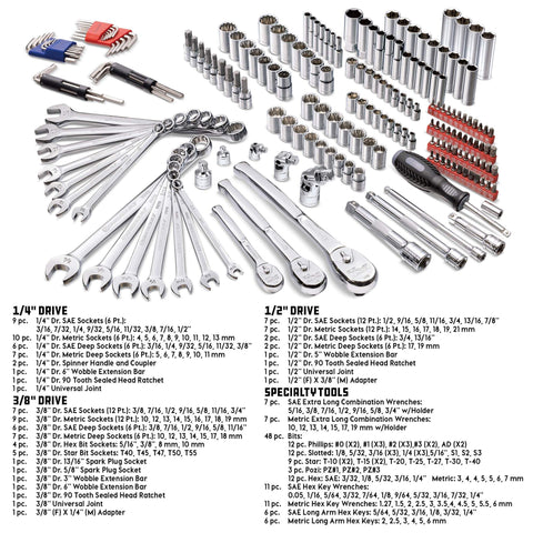 Heavy-Duty 200 Piece Mechanic Tool Set With 1/4, 3/8, And 1/2 Inch Drive Sockets, SAE And Metric, tools spread on surface