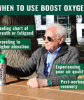 Senior man with Boost Oxygen Natural 5L Canister Six Pack for Respiratory Support Altitude outdoors at a table.