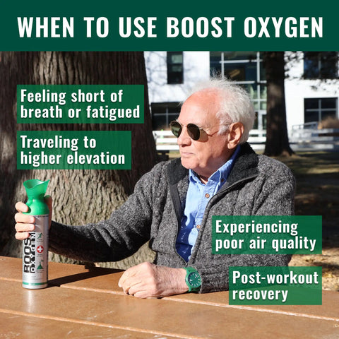 Senior man with Boost Oxygen Natural 5L Canister Six Pack for Respiratory Support Altitude outdoors at a table.