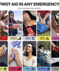 Collage of first aid scenarios including wound care, CPR, temperature management, and injury treatment outdoors.