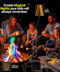Family around campfire using Ultimate Campfire Fun Kit With Color Changing Flame Packs Glow Sticks And Fire Starters Includes 20 Game Cards Bamboo Sticks Incense Sticks And Easy Fire Starters Perfect For Family Camping Nights Backyard Parties And Outdoor Celebrations.