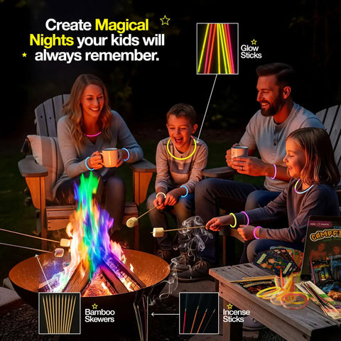 Family around campfire using Ultimate Campfire Fun Kit With Color Changing Flame Packs Glow Sticks And Fire Starters Includes 20 Game Cards Bamboo Sticks Incense Sticks And Easy Fire Starters Perfect For Family Camping Nights Backyard Parties And Outdoor Celebrations.