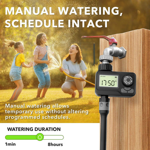 Programmable Sprinkler Timer With Rain Delay For Garden Hose showing manual watering mode on digital display