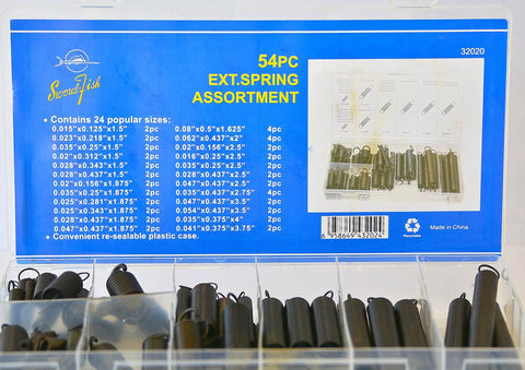 54 Piece Extension Spring Set In Durable PP Storage Case With Built In Size Chart, Black Oxide Finish, assorted springs visible