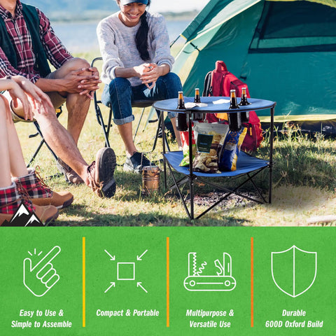 Round Two Tier Folding Camp Table With Four Cupholders And Carrying Bag perfect for camping shown with outdoor setting and people