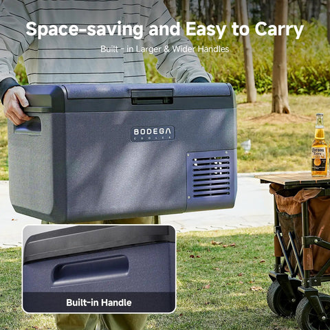 42Qt 12V Car Refrigerator Portable Electric Cooler With Smart App Control And Waterproof Build, Straight Up Silent Compressor Fridge being carried with built-in handles.