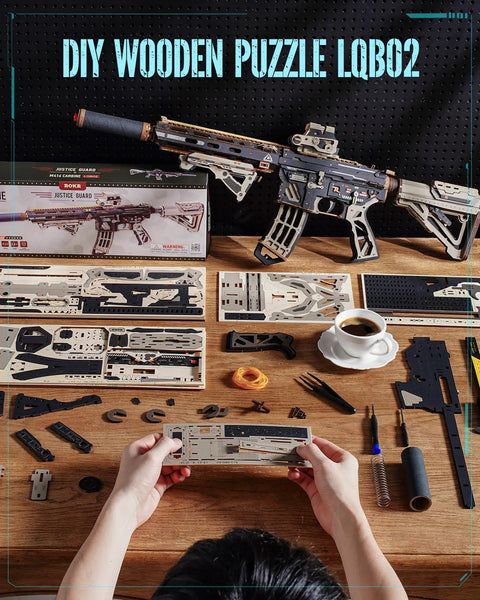 3D Wooden Puzzle Kit With Rubber Band Launching Mechanism DIY Hands On Build Toy For Teens And Adults Movable Stock Detachable Magazine Premium Wood Craft Gift Edition, assembled wooden rifle