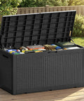 100 Gallon Outdoor Storage Box With Lockable Lid And Hydraulic Struts Resin Deck Box For Toys Cushions And Garden Gear
