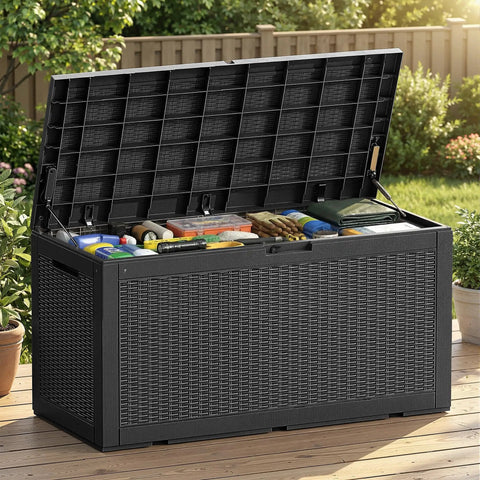 100 Gallon Outdoor Storage Box With Lockable Lid And Hydraulic Struts Resin Deck Box For Toys Cushions And Garden Gear