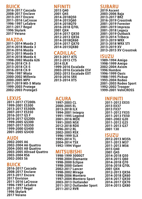 List of compatible car models for locking gas cap including Buick, Mazda, Lexus, Audi, Infiniti, Subaru, Isuzu, and Cadillac.