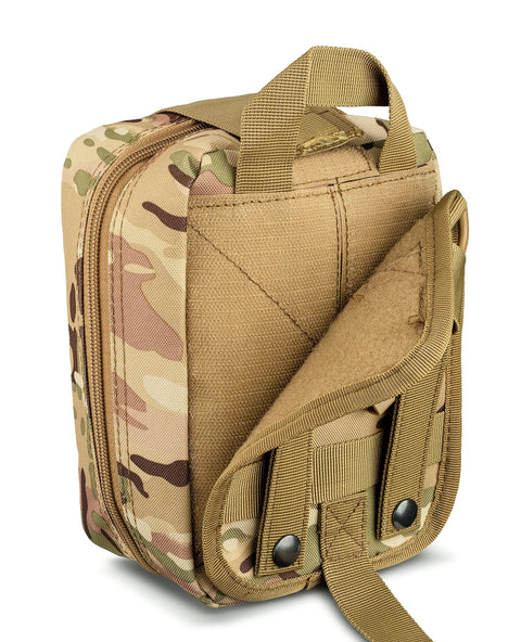 Side view of desert camouflage MOLLE IFAK trauma pouch with carry handle and strap attachments
