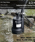 Half Horsepower Submersible Sump Pump 2450 GPH Water Transfer Pump Portable Electric for outdoor use next to rocks with hose attached