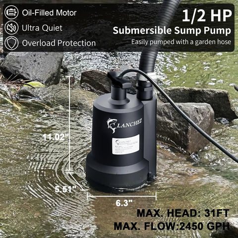 Half Horsepower Submersible Sump Pump 2450 GPH Water Transfer Pump Portable Electric for outdoor use next to rocks with hose attached